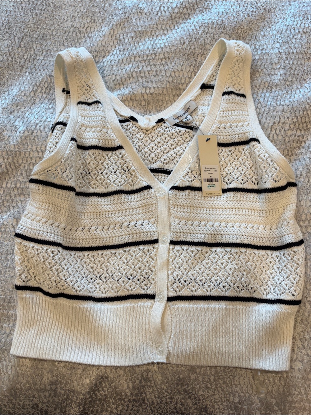 Francesca's Collections Cream Knit Crochet Crop Tank with Black Stripes